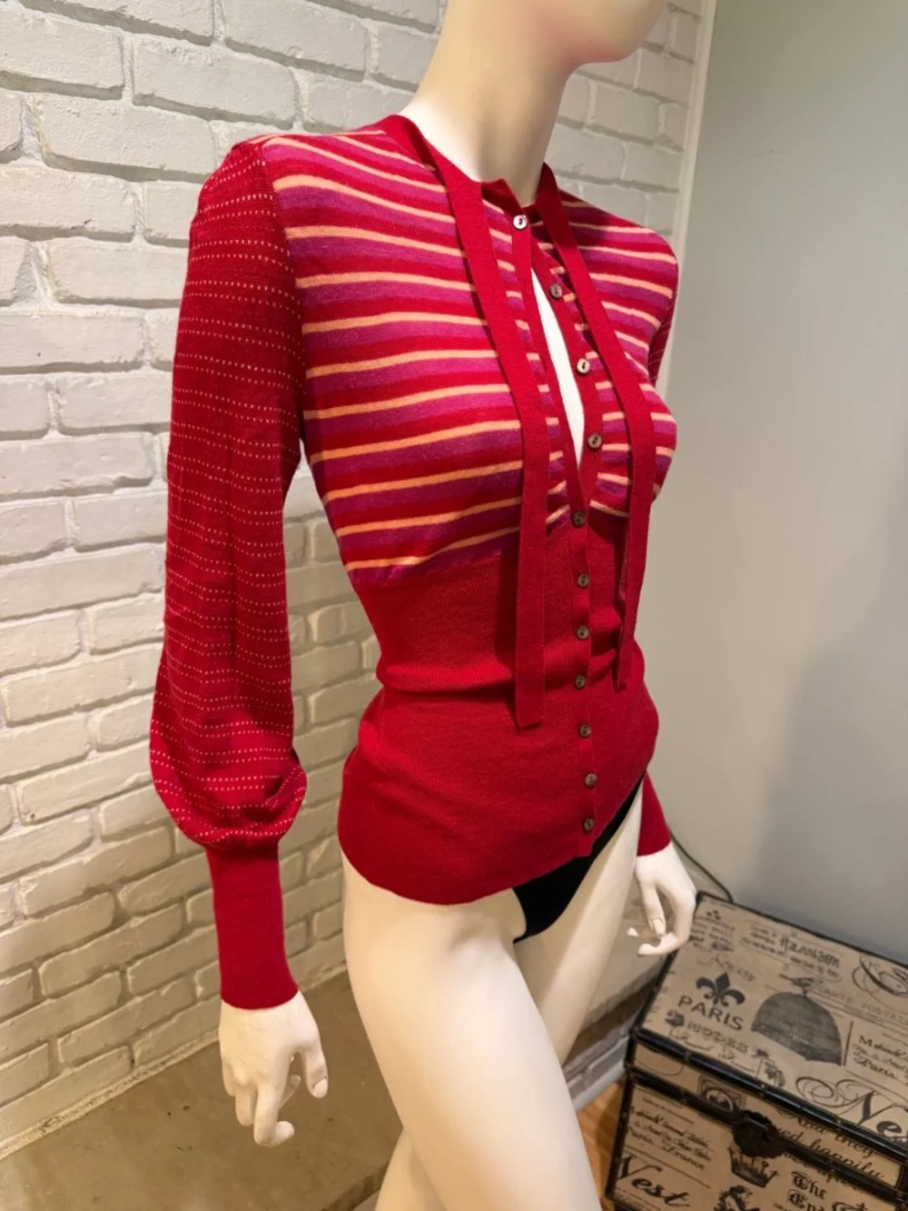 Free People Red Stripe Tie Neck Sweater S NWOT Boho Knit Blouse - Picture 3 of 14